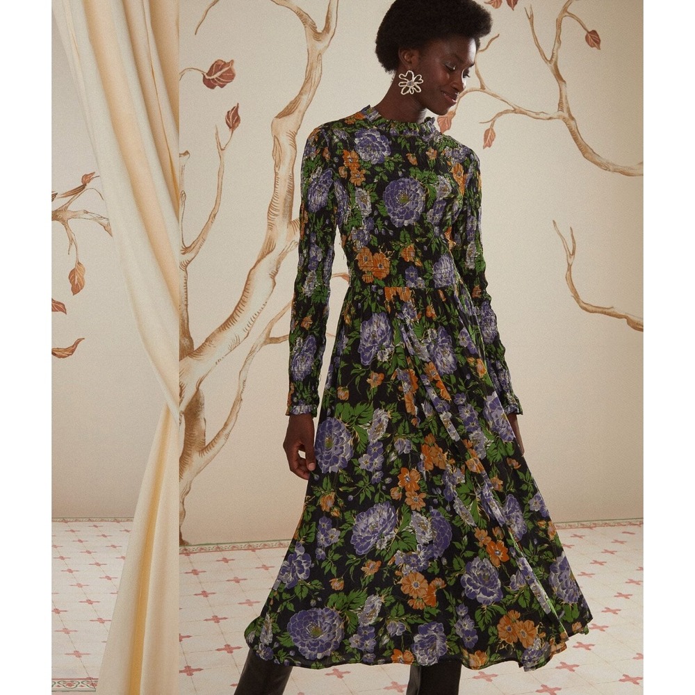 Farm Rio Sz L Black Capri Floral Midi Dress Shirred Boho Cottagecore Flowy